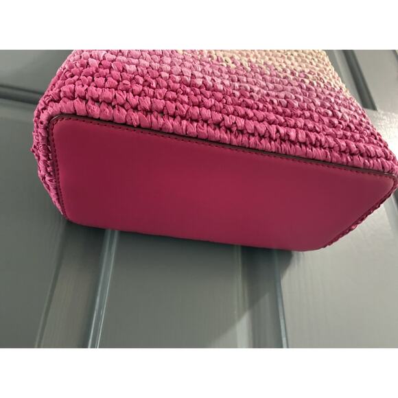 Michael Kors Pratt Women Medium Ombré Straw Bucket Shoulder Bag Dragonfruit - Picture 7 of 9